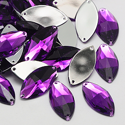 Фиолетовый Шить на горный хрусталь, Тайвань акриловые горный хрусталь, два отверстия, аксессуары для одежды, граненые, лошадиный глаз , фиолетовые, 18x9x4.5 мм, отверстие: 1 мм