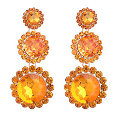 Topaz Sparkling Rhinestone & Glass Triple Flower Dangle Stud Earrings, Golden Alloy Long Tassel Drop Earrings for Women, Topaz, 84x36mm