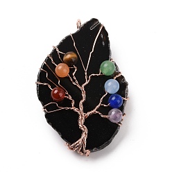 Black Natural Agate Big Pendants, with Rack Plating Brass Wires, Chakra Gemstone Beads, Cadmium Free & Lead Free, Dyed & Heated, Nuggets with Tree, Rose Gold, Black, 58~62x37~47x13~14mm, Hole: 4~6mm