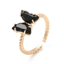 Jet K9 Glass Butterfly Open Cuff Ring, Light Gold Brass Jewelry for Women, Jet, US Size 5 1/2(16.1mm)
