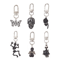 Mixed Shapes Alloy Pendant Decorations, with Alloy Swivel Clasps, for Keychain, Purse, Backpack, Skull & Butterfly & Rose & Skeleton, Mixed Shapes, 52~85mm, 6pcs/set