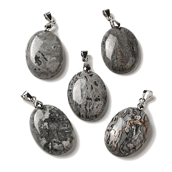 Камень Карты Кулоны из натурального камня, овальные подвески со стойкой, латунные кнопки с платиновым покрытием, защелки на дужках, 30x21.5~22x6~6.5 мм, отверстие : 6x4 мм