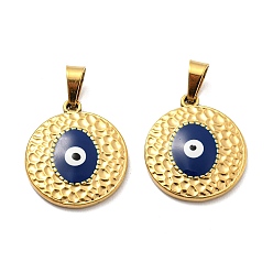 Blue Ion Plating(IP) 304 Stainless Steel Pendants, with Enamel, Flat Round with Evil Eye Charm, Golden, Blue, 18x16x2.5mm, Hole: 5.5x3.5mm