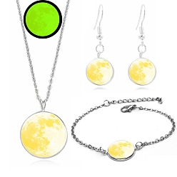 Yellow Alloy & Glass Moon Effect Luminous Jewerly Sets, Including Bracelets, Earring and Necklaces, Yellow