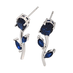 Bleu De Prusse Micro cuivres ouvrent zircone cubique boucles d'oreille, fleur rose, sans plomb et sans cadmium, crémaillère plaquage, plaqué longue durée, platine, null, 30x11mm