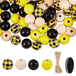 Yellow DIY Beads Jewelry Set Making Kits, Including Natural Wood Beads, Jute Cord, Polyester Ribbon, Yellow, Beads: 16mm, Hole: 3~4mm, 160pcs/bag