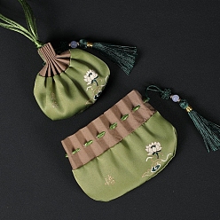 Dark Sea Green Embroidered Cloth Jewelry Storage Bags, Drawstring Pouches, Dark Sea Green, 8x13cm