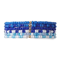 Blue 6Pcs Glass Seed & Brass Beaded Stretch Bracelets Set, Stackable Bracelets, Blue, Inner Diameter: 2-1/4 inch(5.7cm), 6pcs/set