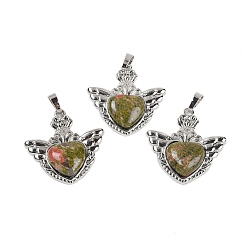 Унакит Природные подвески Unakite, с реечной обшивкой латунными выводами, платина, без кадмия и без свинца, сердце, 33x32.5x6.5 мм, отверстие : 5x8 мм