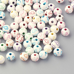 Mixed Color Craft Style Acrylic Beads, Round with Cross, Mixed Color, 8mm, Hole: 2mm, about 1800pcs/500g