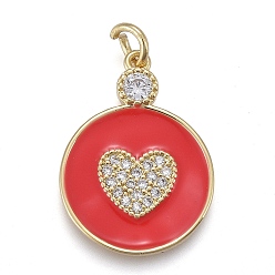 Red Valentine's Day Brass Micro Pave Cubic Zirconia Pendants, with Enamel, Long-Lasting Plated, Real 18K Gold Plated, Flat Round with Heart, Red, 22x16x2mm, Hole: 3mm