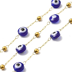 Blue Ion Plating(IP) 316 Surgical Stainless Steel Paperclip Chains, with Evil Eye Glass Bead, Soldered, Real 18K Gold Plated, with Spool, Blue, Link: 3x1x0.3mm