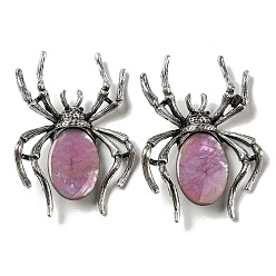 Old Rose Dual-use Items Alloy Pave Dyed Shell Spider Brooch, with Jet Rhinestone, Antique Silver, Old Rose, 57.5~58x41.5~42x12.5mm, Hole: 4x3mm