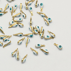White Antique Golden Plated Brass Enamel Charms, Teardrop with Eye, White, 11x4x4mm, Hole: 1mm