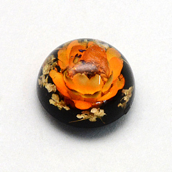 Dark Orange Resin Cabochons, Dome, Half Round, with Dried Flower inside, Dark Orange, 13.5~14x7~8.5mm