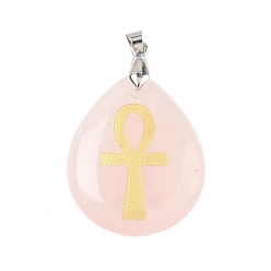 Розовый Кварц Подвески-кресты из натурального розового кварца с гравировкой по золоту, подвески-слезинки с латунными скобами для крепления на стойке, без кадмия и без свинца, платина, 31x25x5~7 мм, отверстие : 4.5x4 мм