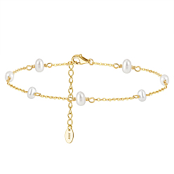 Real 14K Gold Plated 925 Sterling Silver Cable Chain Anklet with Oval Natural Freshwater Pearls for Women, with S925 Stamp, Real 14K Gold Plated, 8-1/2 inch(21.5cm)