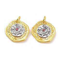 Antique Silver & Golden Brass Pendants, with Jump Ring, Flat Round with Dragon Charm, Antique Silver & Golden, 19x2.5mm, Hole: 4mm