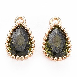 Dark Olive Green Brass Inlaid Cubic Zirconia Charms, Nickel Free, Long-Lasting Plated, Real 18K Gold Plated, Teardrop, Dark Olive Green, 8x5x2mm, Hole: 0.8mm