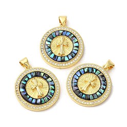 Разноцветный Латунные микропаве прозрачные подвески с фианитом, с эмалью и ракушкой, долговечный, без свинца и без кадмия, реальный 18 k позолоченный, плоские круглые с крестом, красочный, 25x22x4.5 мм, отверстие : 5x3.5 мм