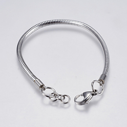 Stainless Steel Color 304 Stainless Steel Round Snake Chain Bracelet Making, with Lobster Claw Clasps, Stainless Steel Color, 7-3/8 inch(18.9cm), 3mm, Hole: 4mm