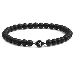 Dumb black stone N 6mm Matte Agate Stone Beaded Letter Bracelet for Men and Couples Jewelry
