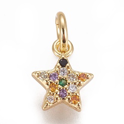 Golden Brass Micro Pave Cubic Zirconia Charms, Star, Colorful, Golden, 8.5x7x2mm, Hole: 3mm