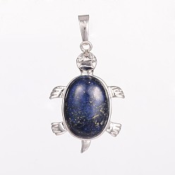 Lapis Lazuli Natural Tortoise Gemstone Pendants, with Brass Findings, Cadmium Free & Lead Free, Platinum, Lapis Lazuli, 33.5x22x7mm, Hole: 5mm