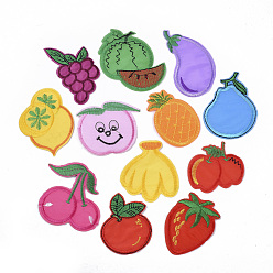 Mixed Color Computerized Embroidery Cloth Iron On/Sew On Patches, Costume Accessories, Grape & Watermelon & Eggplant & Lemon & Peach & Pineapple & Pear & Cherry & Banana & Apple & Strawberry, Mixed Color, 49~81x41~67x1mm, 120pcs/bag