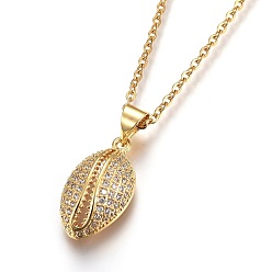 Golden 304 Stainless Steel Pendant Necklaces, with Cubic Zirconia, Shell, Clear, Golden, 17.6 inch(45cm), Pendant: 18.5x10x5mm