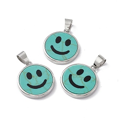 Synthetic Turquoise Synthetic Turquoise Pendants, Flat Round with Smiling Face Charms, with Rack Plating Platinum Tone Brass Findings, Cadmium Free & Lead Free, 21x18.5x3mm, Hole: 4x6mm