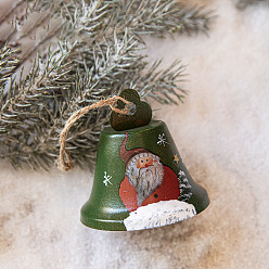 Dark Olive Green Iron Bell with Santa Claus Pattern Pendant Decorations, for Christmas Tree Hanging Ornaments, Dark Olive Green, 80x75mm
