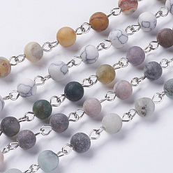Mixed Stone Natural/Synthetic Gemstone Beaded Chains, Unwelded, with Iron Eye Pin, Round, Platinum, 39.3 inch(1m), Beads: 12x12x8mm