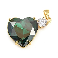 Зеленый Латунные микро проложить кубического циркония подвески, со стеклом, сердце прелести, стойки покрытие, без кадмия и без свинца, долговечный, реальный 18 k позолоченный, зелёные, 20.5x26.5x9 мм, отверстие : 4.5x3.5 мм