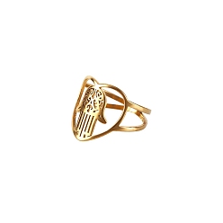 Golden Stainless Steel Heart with Hamsa Hand Finger Ring, Hollow Wide Ring for Women, Golden, US Size 6(16.5mm)