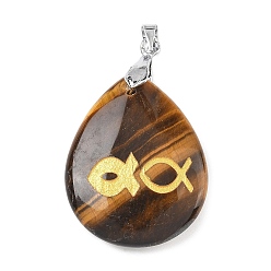 Тигровый глаз Природных тигровый глаз подвески, с реечной обшивкой латунными выводами, без кадмия и без свинца, подвеска в виде слезинки с рыбкой, 31x25x5~7 мм, отверстие : 4.5x4 мм