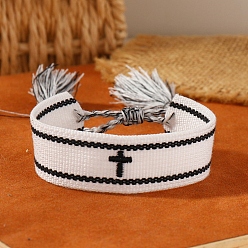 White Cross Embroidered Tassel Cloth Woven Braid Bracelet, White, Inner Diameter: 2-1/8~2-5/8 inch(5.5~6.8cm)