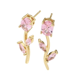 Pink Micro cuivres ouvrent zircone cubique boucles d'oreille, fleur rose, sans plomb et sans cadmium, crémaillère plaquage, plaqué longue durée, réel 18 k plaqué or, rose, 30x11mm