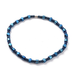Blue Disc & Rhombus & Column Synthetic Hematite Beaded Necklace with Magnetic Clasp for Men Women, Blue, 20.47 inch(52cm)