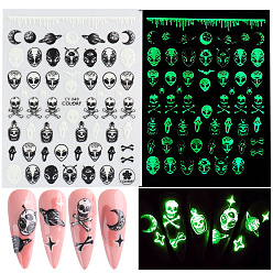 Skull Luminous Plastic Nail Art Stickers Decals, Self-adhesive, For Nail Tips Decorations, Halloween 3D Design, Glow in the Dark, Skull, 103x80mm