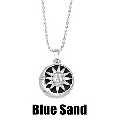 Blue Sand Sun and Moon Pendant Necklace with Crystal & Agate for Women - Elegant Lock Collar Chain