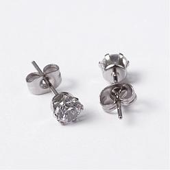 Stainless Steel Color 304 Stainless Steel Stud Earrings, with Cubic Zirconia, Stainless Steel Color, 16mm, Pin: 0.8mm