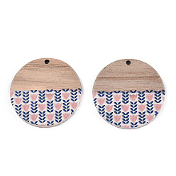 Blue Printed Resin & Wood Pendants, Flat Round Charm with Flower Pattern, Blue, 35x2~3mm, Hole: 2mm