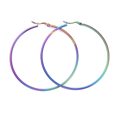 Rainbow Color 304 Stainless Steel Big Hoop Earrings, Hypoallergenic Earrings, Ring Shape, Rainbow Color, 65x2mm, 12 Gauge, Pin: 0.7x1mm