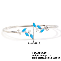 Синий Браслеты на открытой манжете из латуни с микропаве и кубическим цирконием, браслеты с подвесками в виде листьев для женщин, платина, синие, 5-1/2x2-1/2 дюйм (14x6.5 см)