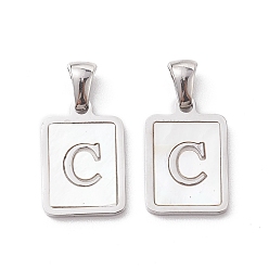 Letter C 304 Stainless Steel Pave Shell Pendants, Rectangle Charm, Stainless Steel Color, Letter C, 17.5x12x1.5mm, Hole: 3x5mm