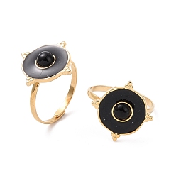 Schwarz Achat Flacher runder Manschettenring aus schwarzem Achat mit Emaille, Echter, vergoldeter Edelstahlschmuck für Damen, Ionenplattierung (IP), us Größe 24 304 (7 mm)