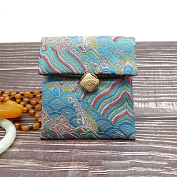 Deep Sky Blue Chinese Style Satin Jewelry Packing Pouches, Gift Bags, Rectangle, Deep Sky Blue, 10x9cm