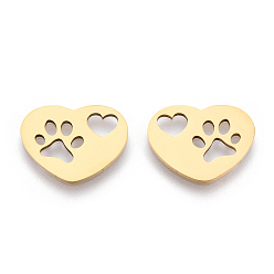 Real 18K Gold Plated Ion Plating(IP)  201 Stainless Steel Pendants, Laser Cut, Heart with Hollow Heart & Dog Footprint, Real 18k Gold Plated, 14.5x18.5x1mm, Hole: 1.6mm