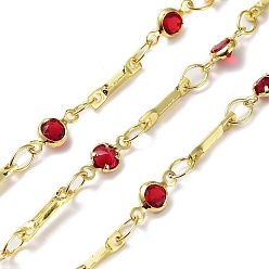 Red Cubic Zirconia Flat Round Link Chains, with Real 18K Gold Plated Brass Findings, Soldered, with Spool, Red, 4x8x1.5mm